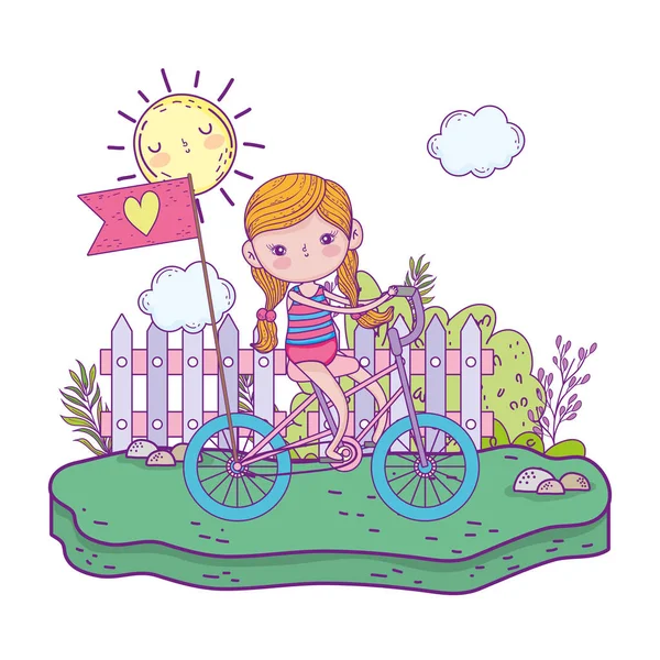 Linda niña montando bicicleta en el paisaje — Vector de stock