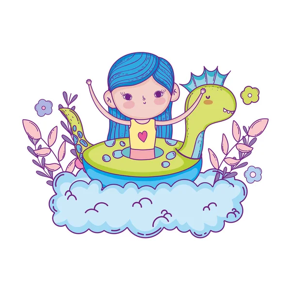 Mignonne petite fille en dinosaure flotter dans les nuages — Image vectorielle