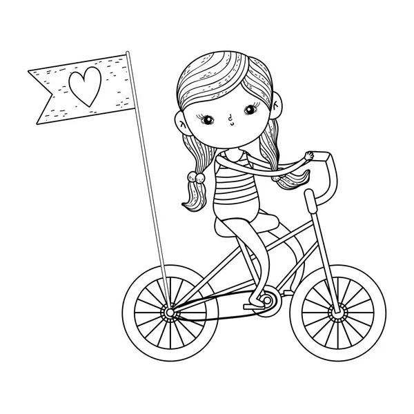 귀여운 작은 여 자가 타기 자전거 — 스톡 벡터