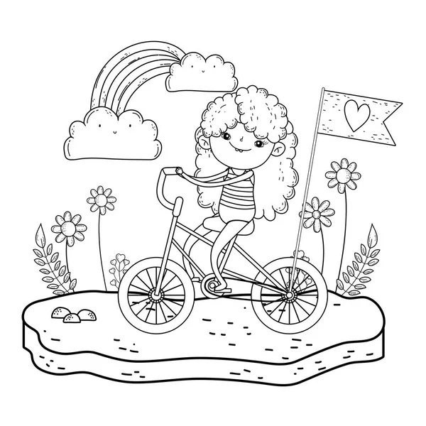 Linda niña montando bicicleta en el paisaje — Vector de stock