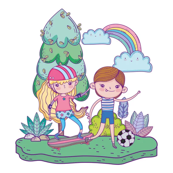 Lindo niños pequeños en el monopatín y jugar al fútbol — Vector de stock