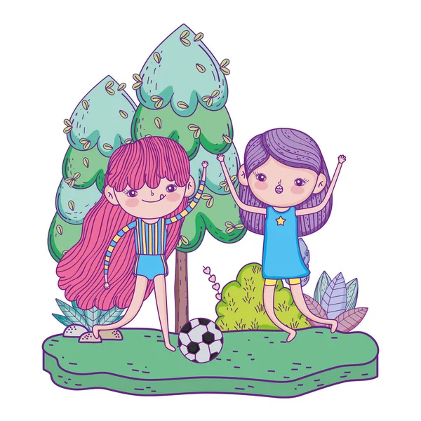 Lindo niñas jugando fútbol en el paisaje — Vector de stock