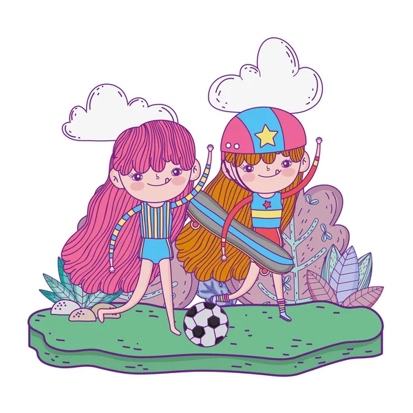 Lindo niñas en monopatín y jugar al fútbol — Vector de stock