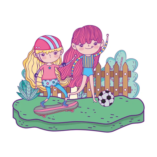 Lindo niñas en monopatín y jugar al fútbol — Vector de stock