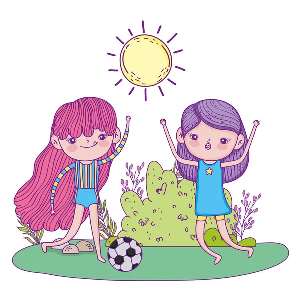 Cute bambine che giocano a calcio nel paesaggio — Vettoriale Stock