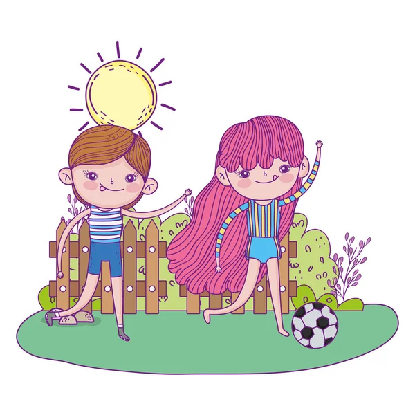 Lindo niños jugando fútbol en el paisaje — Vector de stock