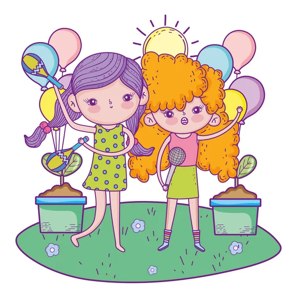 Niñas lindas jugando maracas en el paisaje — Vector de stock