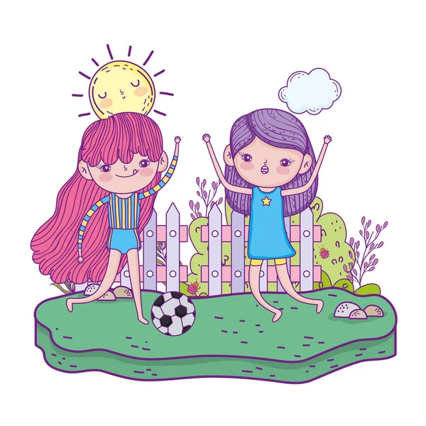 Lindo niñas jugando fútbol en el paisaje — Vector de stock