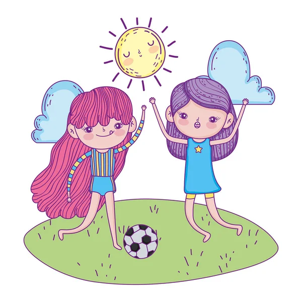 Lindo niñas jugando fútbol en el paisaje — Vector de stock