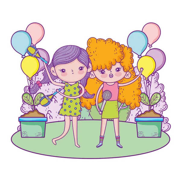 Niñas lindas jugando maracas y cantar — Vector de stock