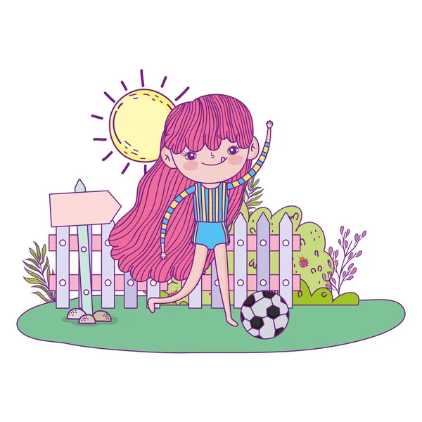 Linda niña jugando al fútbol en el paisaje — Vector de stock