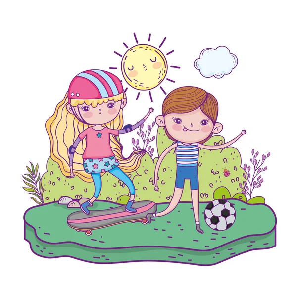 Lindo niños pequeños en el monopatín y jugar al fútbol — Vector de stock