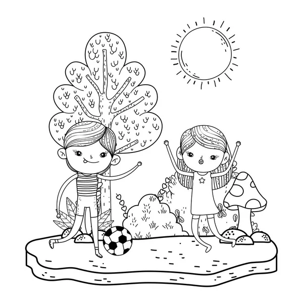 Милые маленькие дети играют в футбол в пейзаже — стоковый вектор