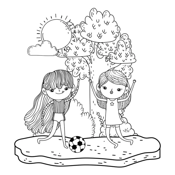 Lindo niñas jugando fútbol en el paisaje — Vector de stock