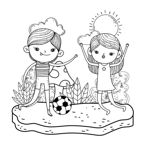 Lindo niños jugando fútbol en el paisaje — Vector de stock