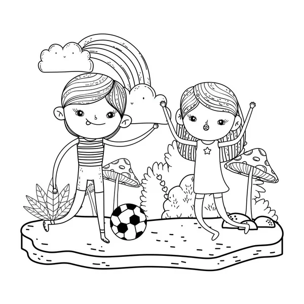Lindo niños jugando fútbol en el paisaje — Vector de stock