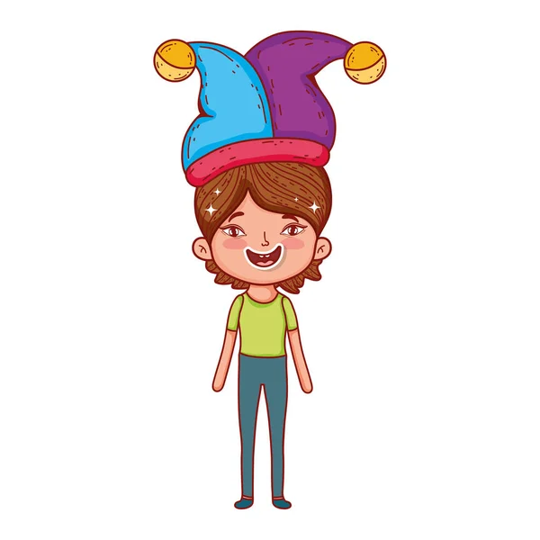 Menino com chapéu de brincalhão tolos celebração do dia —  Vetores de Stock