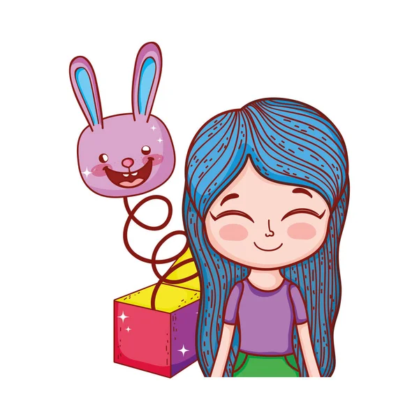 Little girl with fools day surprise box and rabbit head — 图库矢量图片