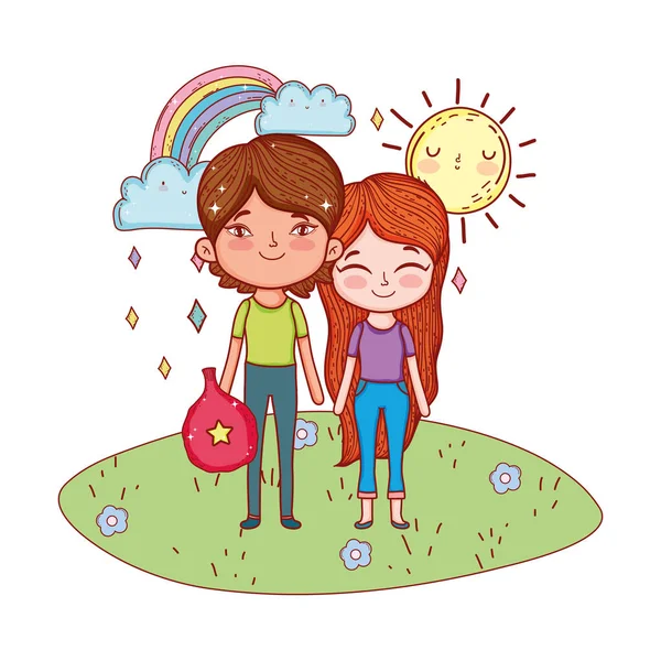 Hermosos niños pequeños en los personajes del paisaje — Vector de stock