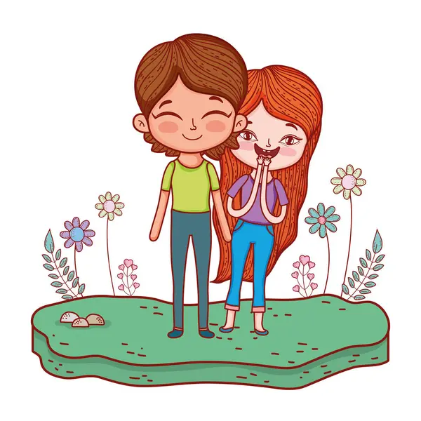 Hermosos niños pequeños en los personajes del paisaje — Vector de stock