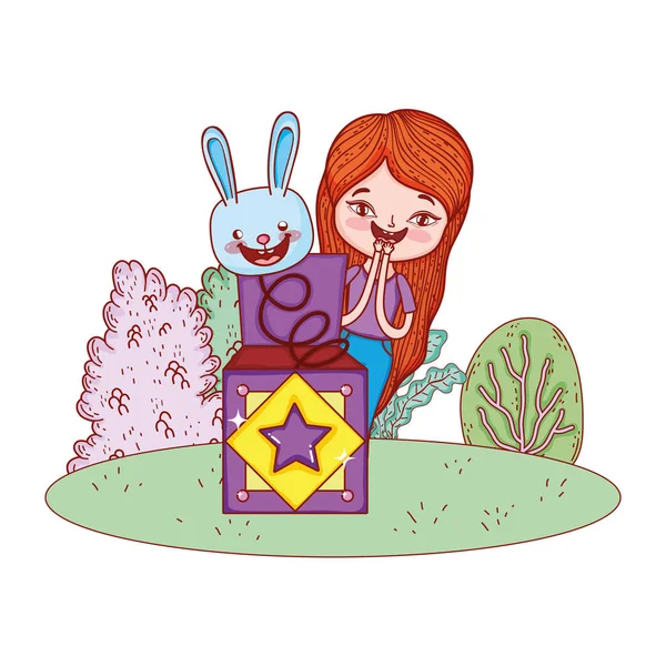 Girl with surprise box and rabbit head in the landscape — Stock Vector