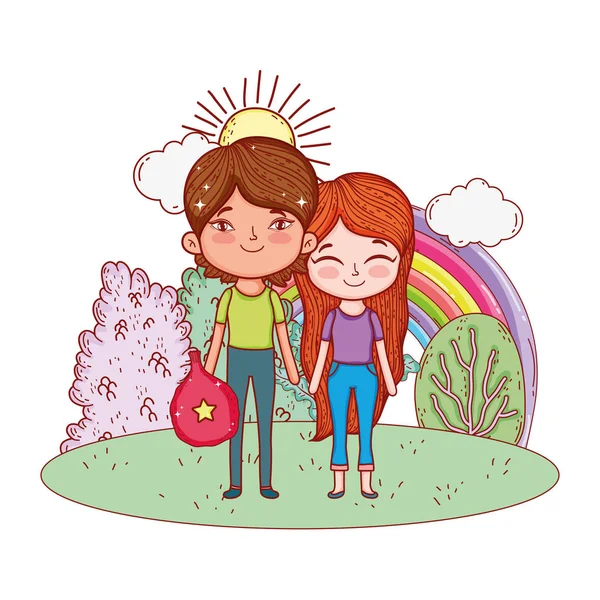 Hermosos niños pequeños en los personajes del paisaje — Vector de stock