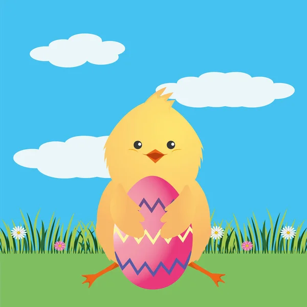 Polluelo con huevos de Pascua — Vector de stock