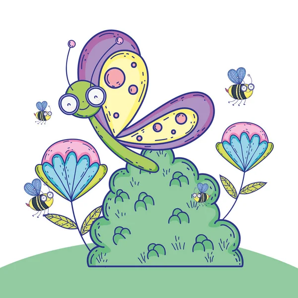 Papillon exotique et abeilles aux fleurs plantes — Image vectorielle