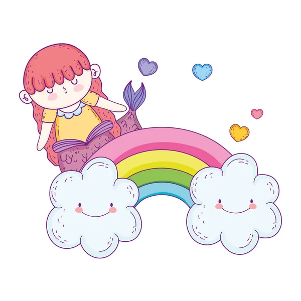 Linda sirena con nubes y arco iris — Vector de stock