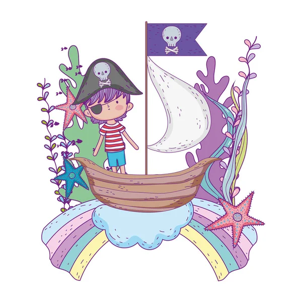 Petit pirate en bateau avec arc-en-ciel — Image vectorielle