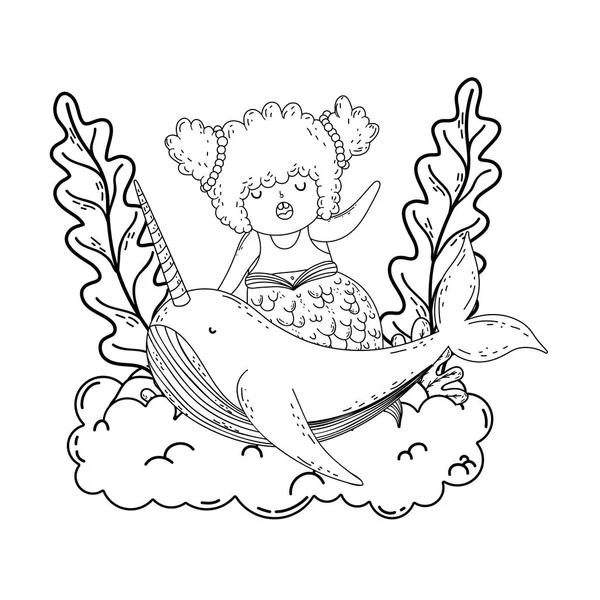 Schöne Meerjungfrau mit narvalem Märchencharakter — Stockvektor