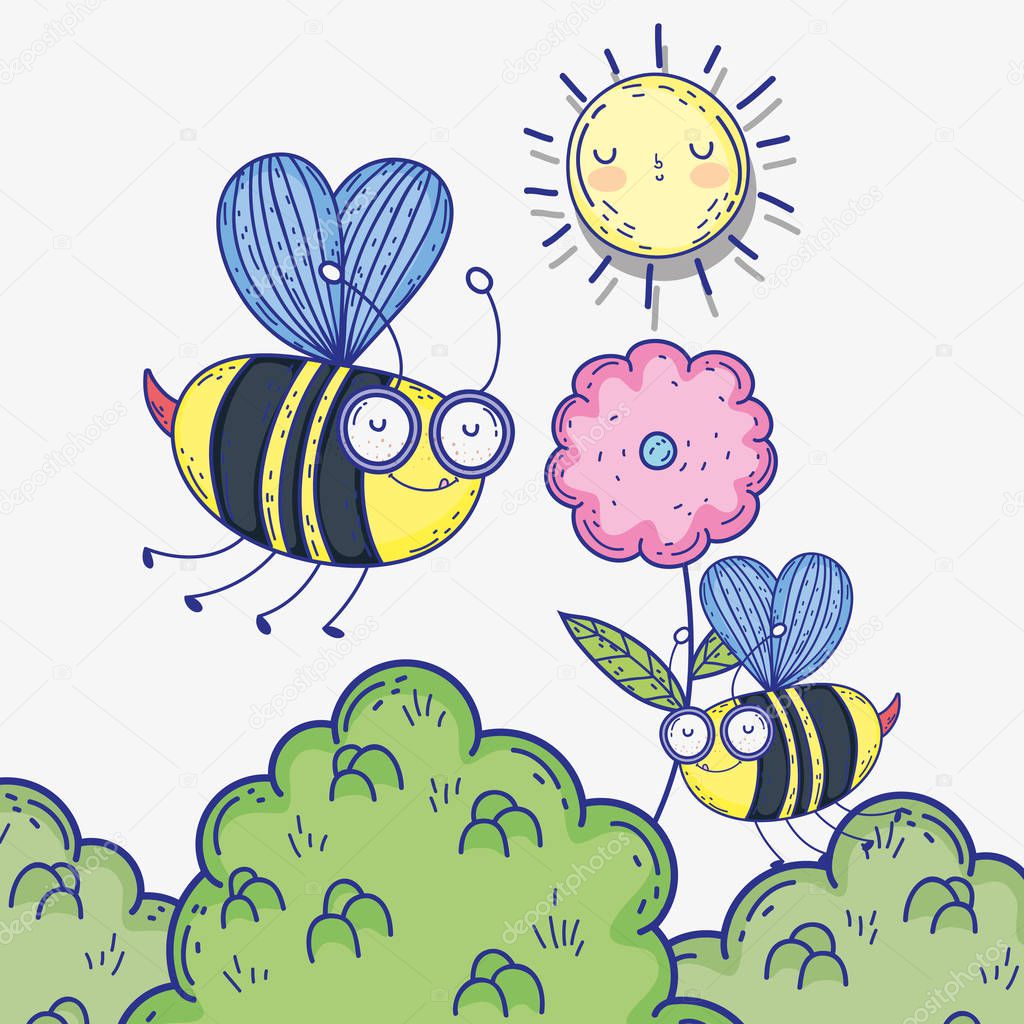 bees insects animals with flower and sun