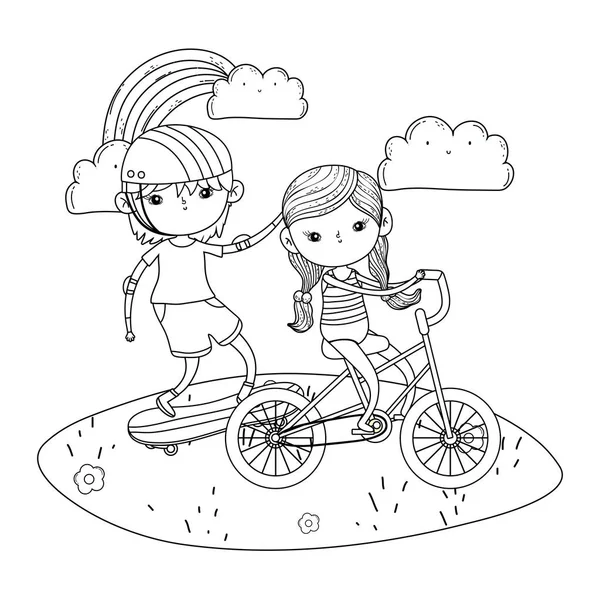 Simpatici bimbi montati in skateboard e bicicletta — Vettoriale Stock