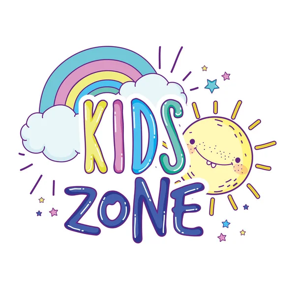 Happy Kids Zone Wortetikett mit Regenbogen — Stockvektor