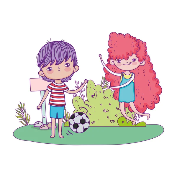 Niños jugando al fútbol en el paisaje — Vector de stock