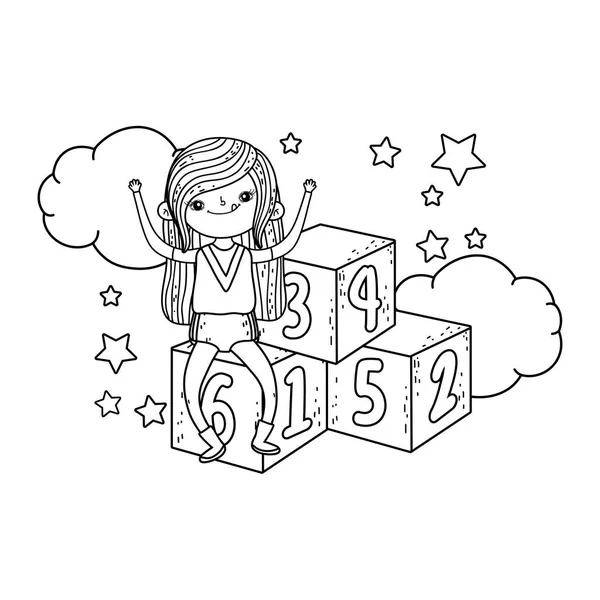 Little girl playing with blocks numbers in the clouds — Stock Vector