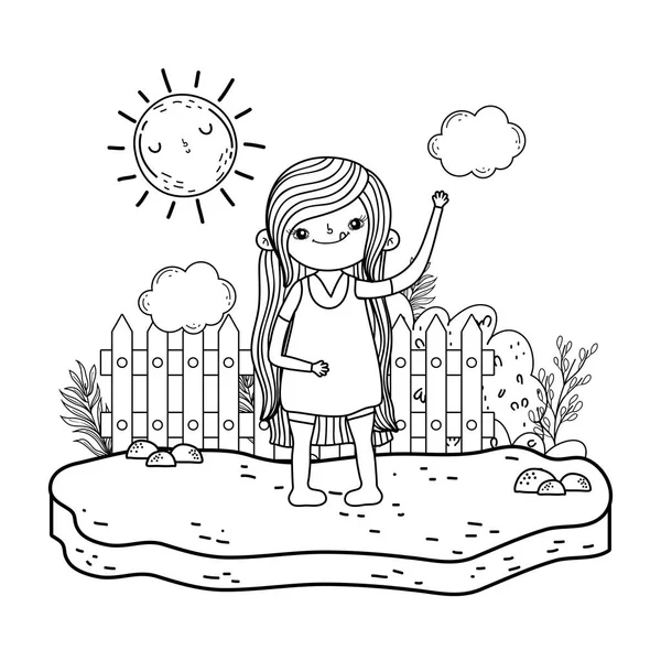 Linda niña con sol kawaii en el campo — Vector de stock