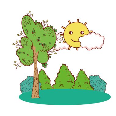 çalılar ve kawaii güneş manzara ile ağacı