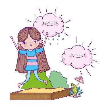 bulutlar kawaii peyzaj ile küçük kız