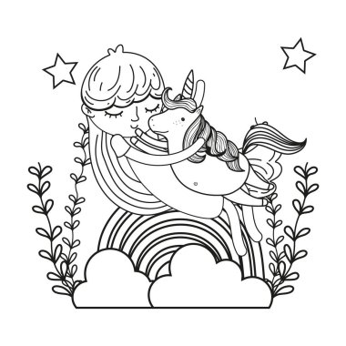 gökkuşağı ve dalları olan anahat kız kucaklama at