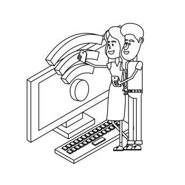 Siyah beyaz bir selfie izometrik kavram çekici çift