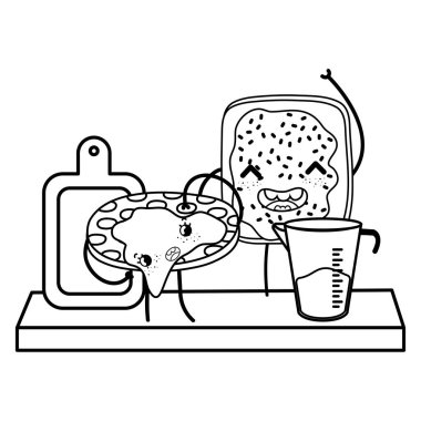 Siyah beyaz mutfak ve gıda kawaii karikatürler