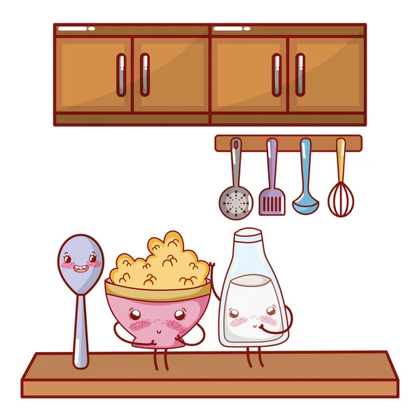 Cozinha e comida kawaii desenhos animados — Vetor de Stock