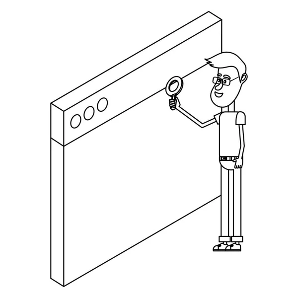 Hombre y tecnología isométrica en blanco y negro — Archivo Imágenes Vectoriales