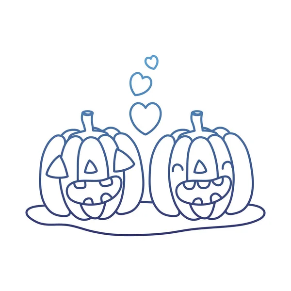 Degraded outline kawaii happy pumpkin couple with heart — Stock Vector