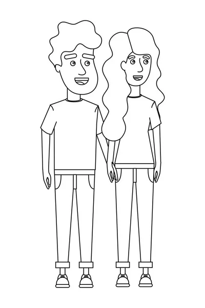 Contour femme et homme couple avec des vêtements décontractés — Image vectorielle