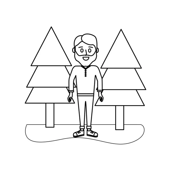 Outline man with beard and clothes with pine trees — Stock Vector