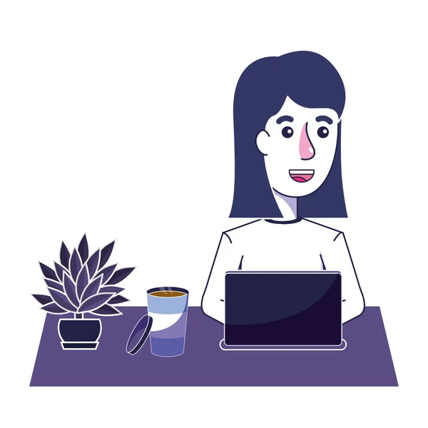Femme heureuse avec la technologie ordinateur portable et café — Image vectorielle