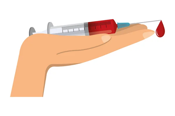 Iniezione di sangue isolata e disegno della mano — Vettoriale Stock