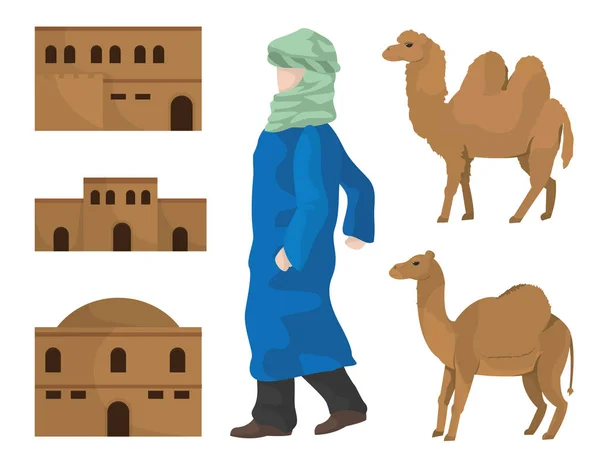 Desert houses camels and arab — Stock Vector